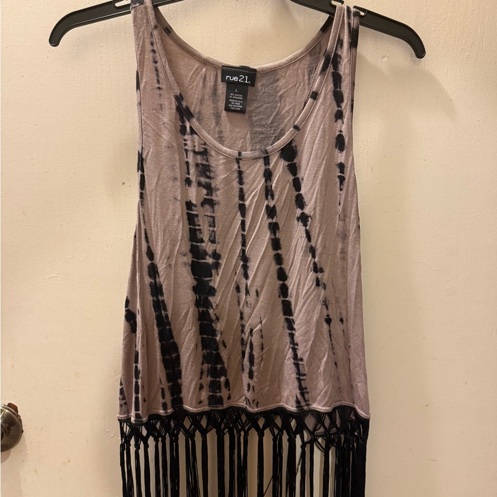 Rue21 Black and Cream Striped Fringe Tank Top